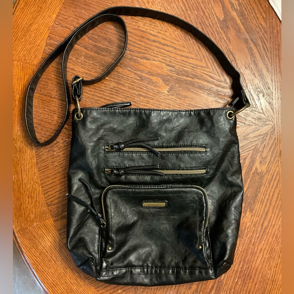 Stone & Company Gold Hardware Durable Leather Look Multi Zipper Crossbody Bag! - Picture 8 of 16